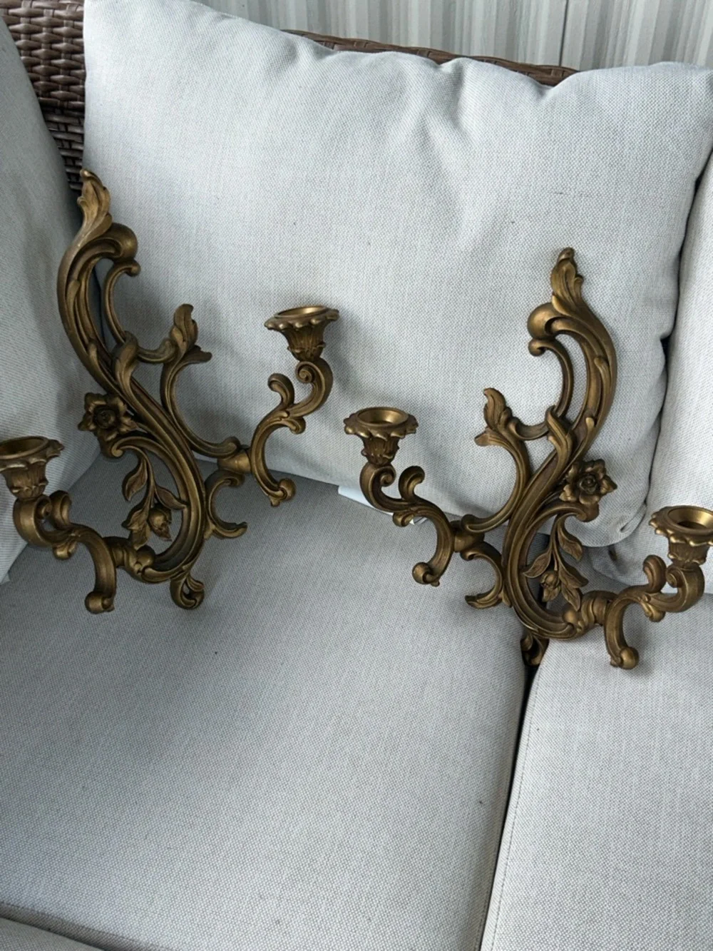 Vintage MCM Dart Ornate Double-Arm Wall Sconces - Gold Finish